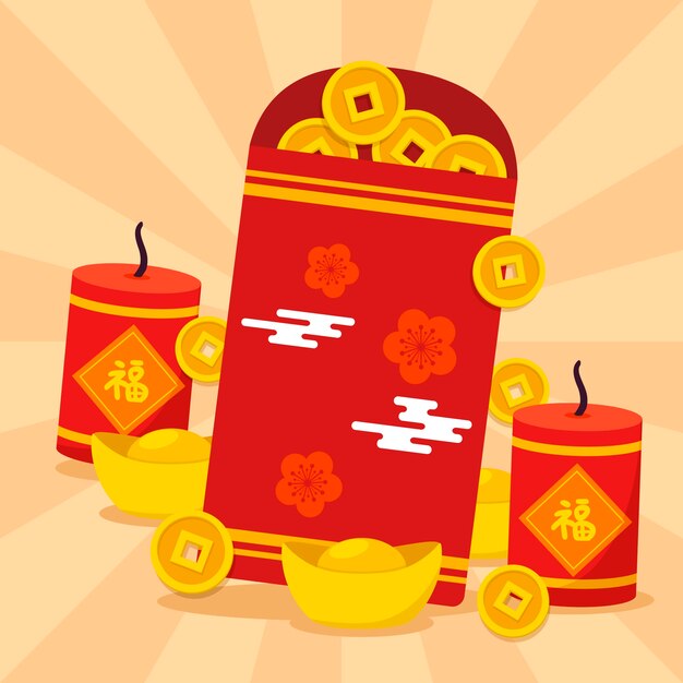 Плоский китайский новый год счастливые деньги иллюстрация