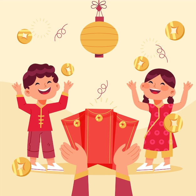 Бесплатное векторное изображение Плоский китайский новый год счастливые деньги иллюстрация
