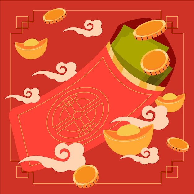 Vettore gratuito illustrazione cinese piana dei soldi fortunati del nuovo anno