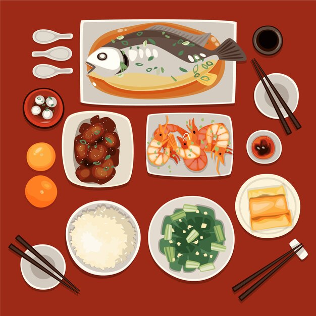 Flat chinese new year reunion dinner food collection