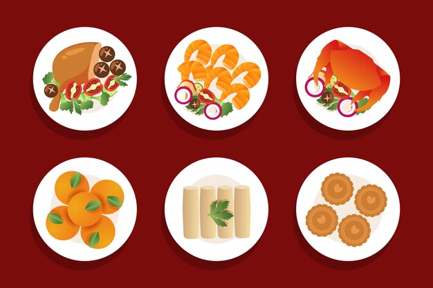 Плоская коллекция еды для ужина в китайском новом году
