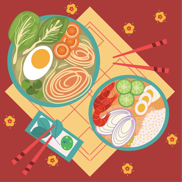 Плоская коллекция еды для ужина в китайском новом году