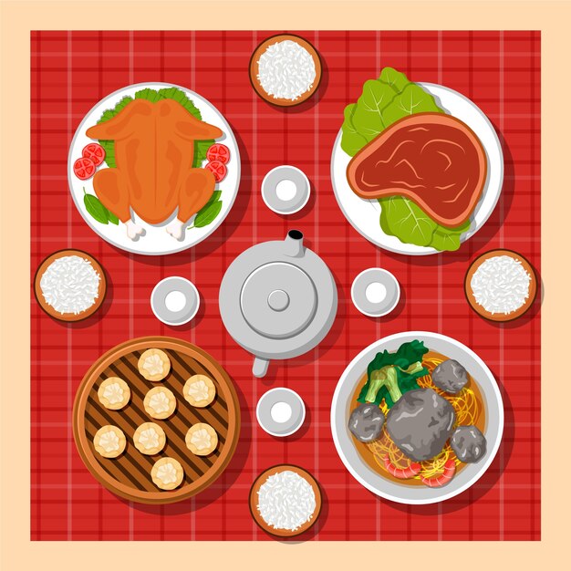 Vettore gratuito raccolta di cibo per la cena di riunione di capodanno cinese piatto