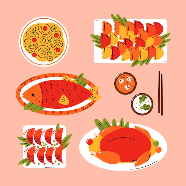 Free vector flat chinese new year reunion dinner food collection