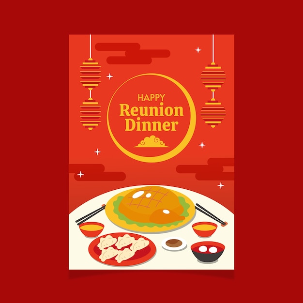 Free vector flat chinese new year reunion dinner greeting card template