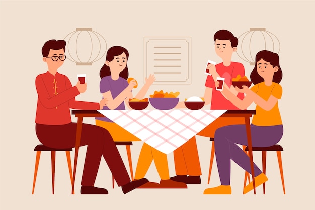 Free vector flat chinese new year reunion dinner illustration