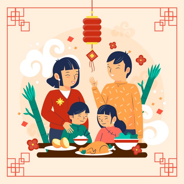 Flat chinese new year reunion dinner illustration