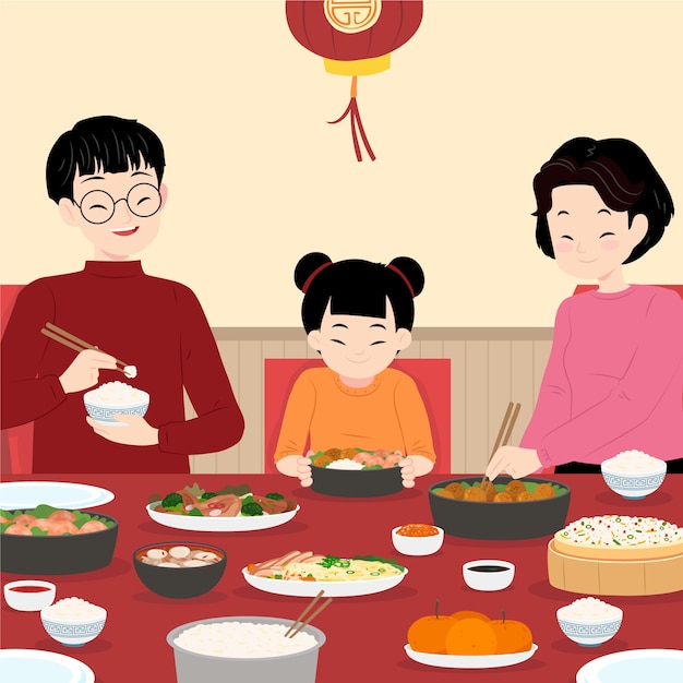 Flat chinese new year reunion dinner illustration