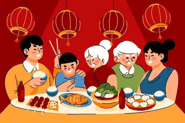 Flat chinese new year reunion dinner illustration