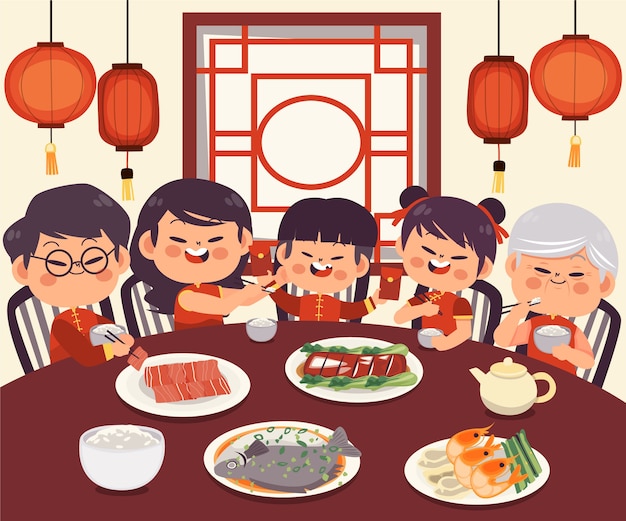 Free vector flat chinese new year reunion dinner illustration