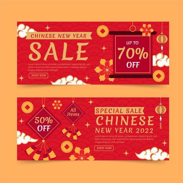 Flat chinese new year sale horizontal banners set