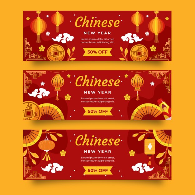 Flat chinese new year sale horizontal banners set
