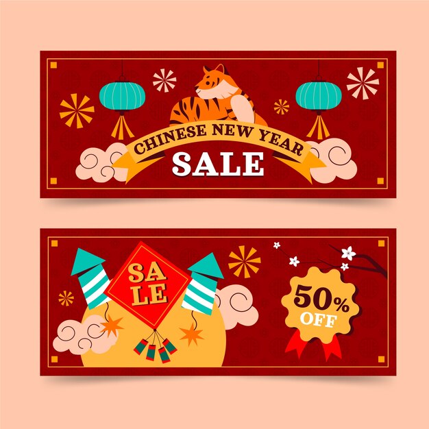 Flat chinese new year sale horizontal banners set