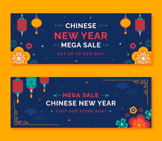 Flat chinese new year sale horizontal banners set