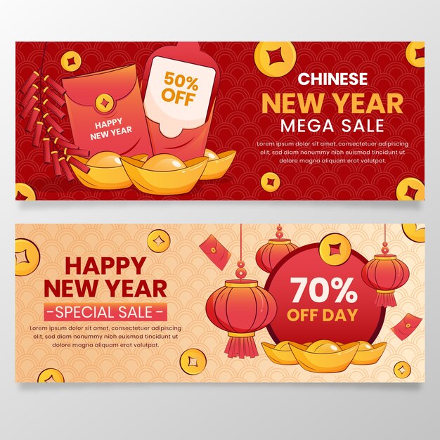 Flat chinese new year sale horizontal banners set