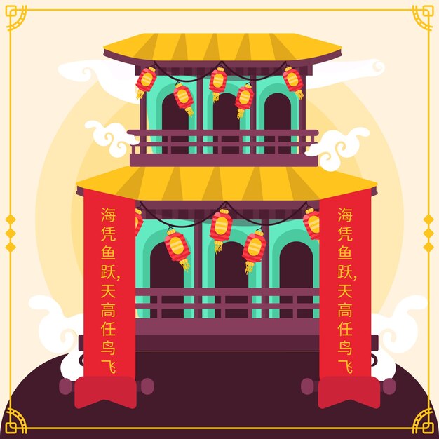 Flat chinese new year spring couplet illustration