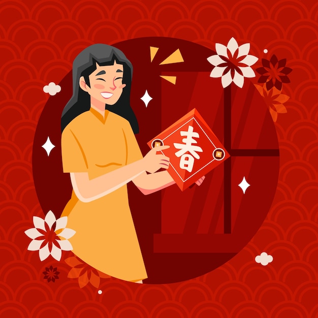 Flat chinese new year spring couplet illustration