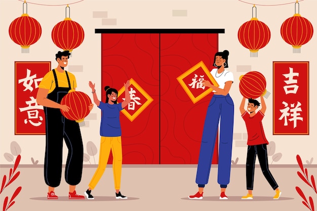 Flat chinese new year spring couplet illustration