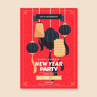Flat chinese new year vertical poster template Free Vector