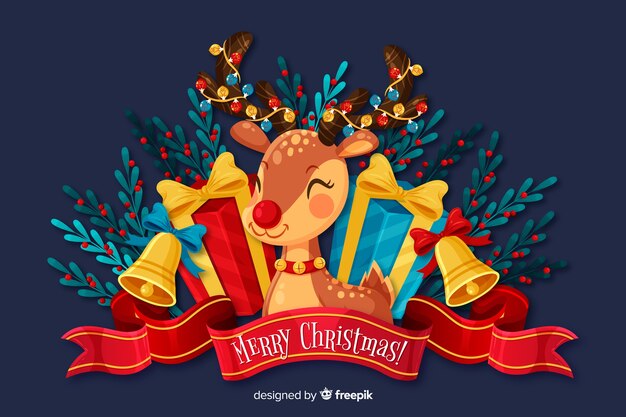 Flat christmas background and cute deer