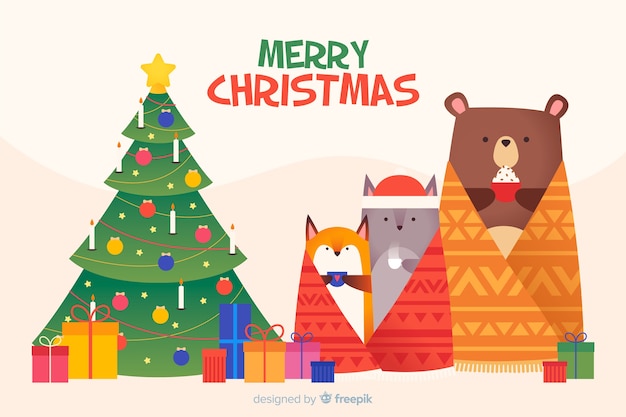 動物とフラットクリスマス背景