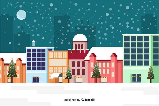 Плоский новогодний фон со зданиями, готовыми к Рождеству