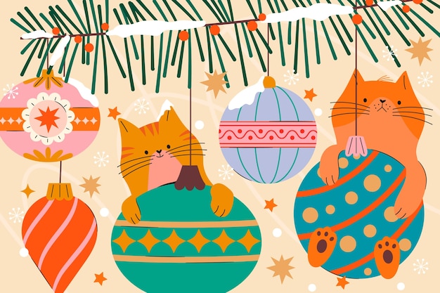 Free vector flat christmas background with cats on ornaments