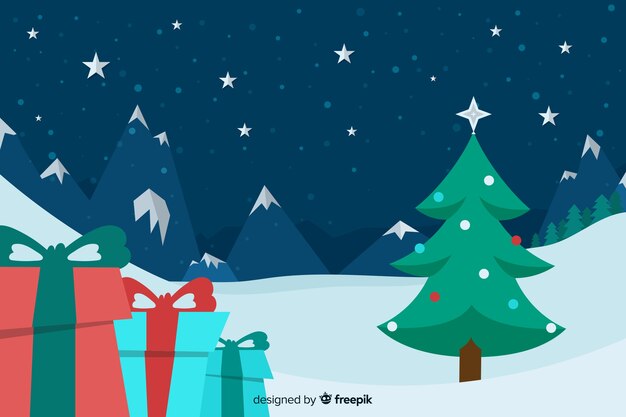 Flat christmas background with christmas tree and gifts