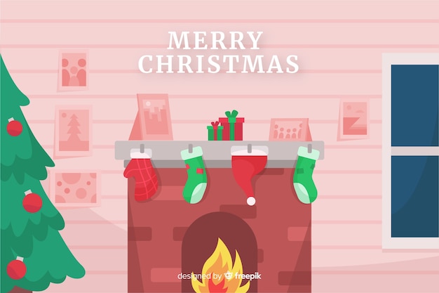 Free vector flat christmas background with fire chimney