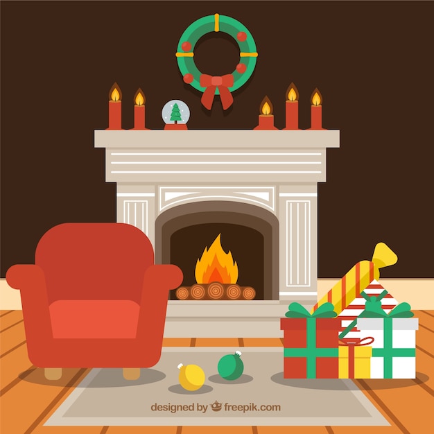 Free vector flat christmas background with a fireplace scene