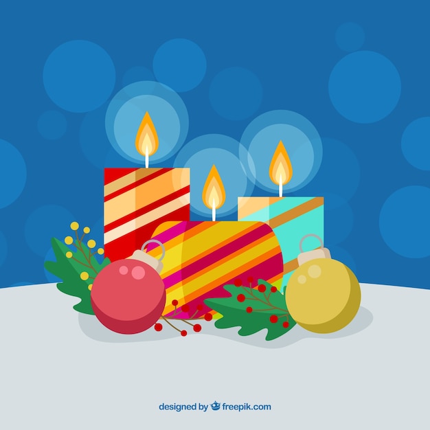 Free vector flat christmas background with lit candles and baubles