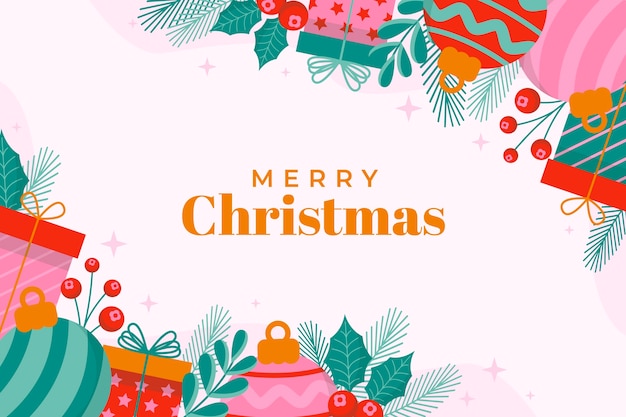 Бесплатное векторное изображение Плоский рождественский фон с подарками и омелой