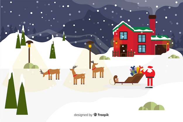 Flat christmas background with santa claus and reindeers