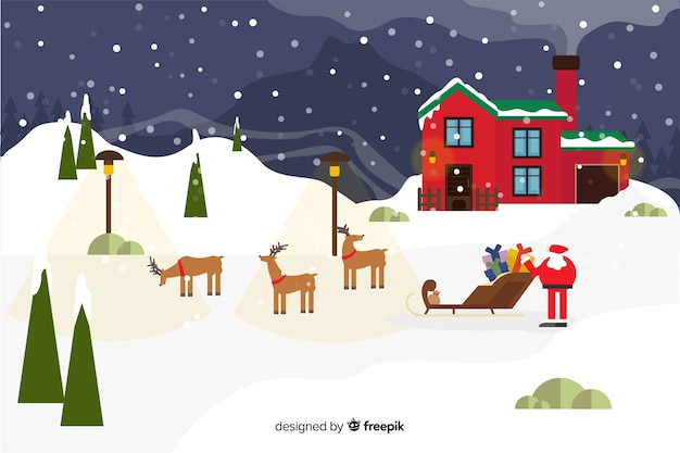 Плоский новогодний фон с Санта-Клаусом и оленями