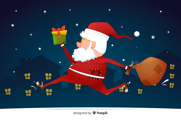 Free vector flat christmas background with santa claus running