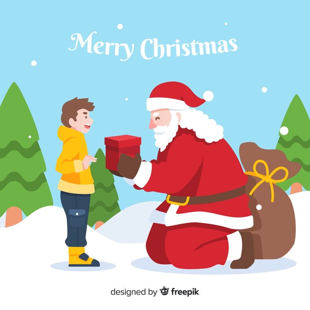 Flat christmas background with santa giving present to boy