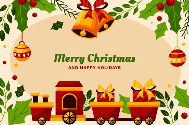 Flat christmas background with train of presents