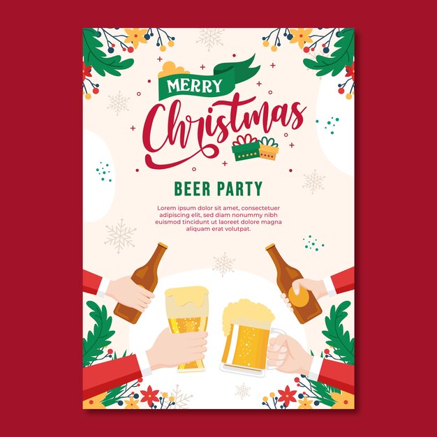 플랫 크리스마스 맥주 수직 포스터 템플릿