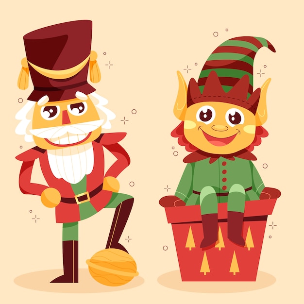 Плоская рождественская карикатура с щелкунчиком и эльфом