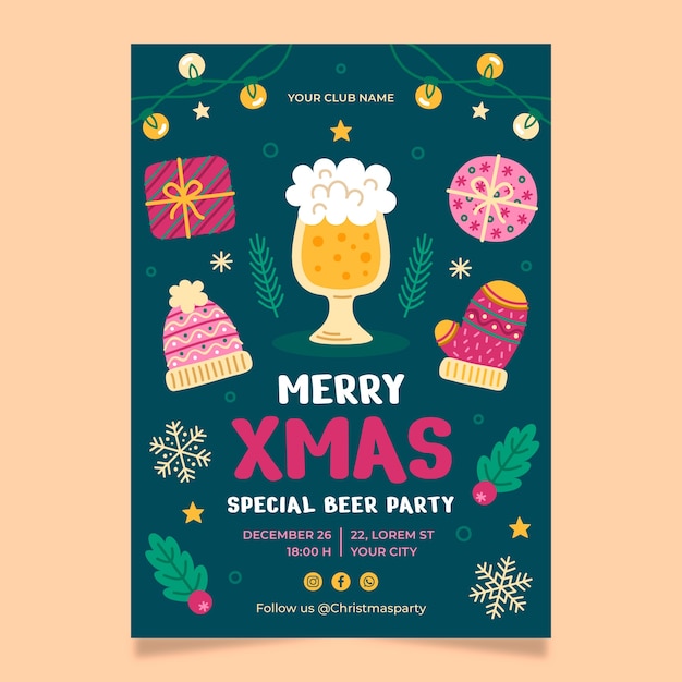 Vettore gratuito modello di poster di birra verticale per la celebrazione di natale piatto