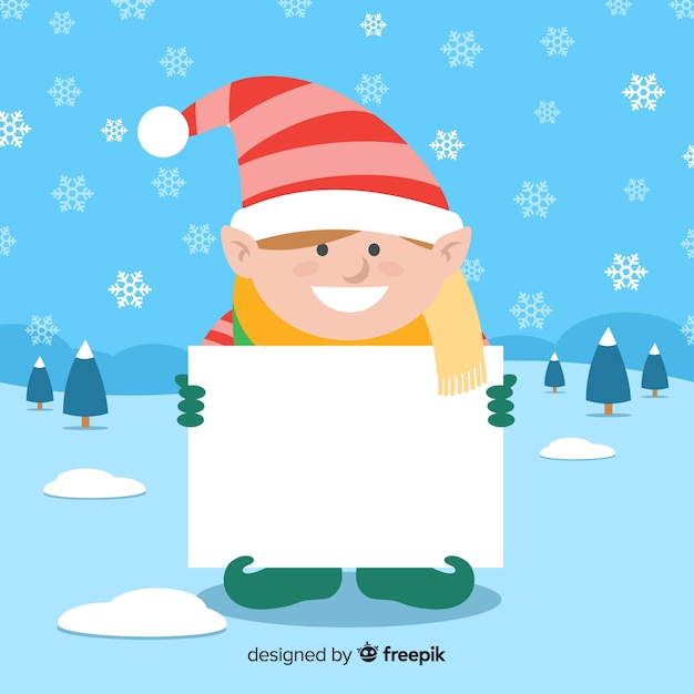 Flat christmas character holding white empty card