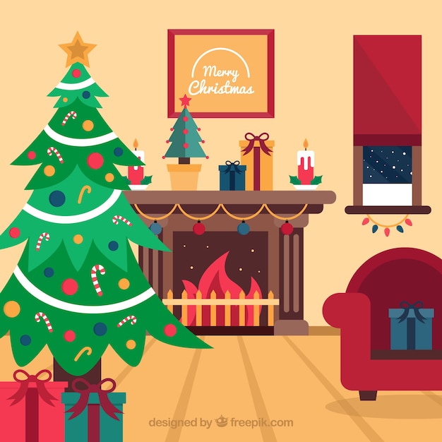 Flat christmas fireplace scene with a christmas tree