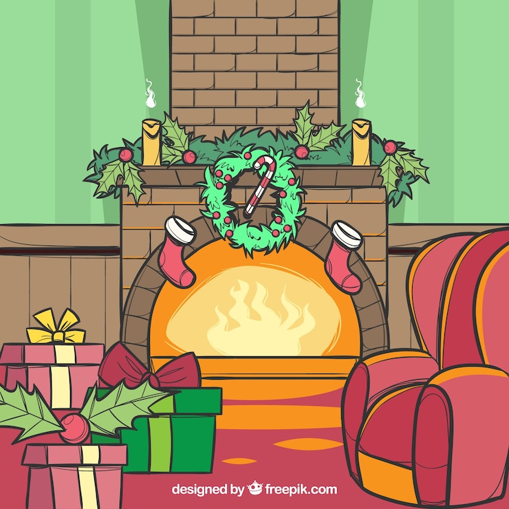 Free Vector flat christmas fireplace scene with presents