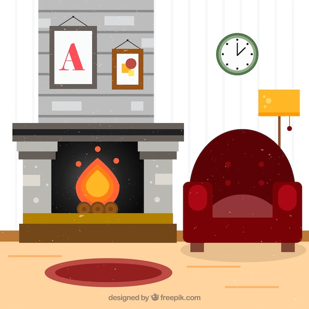 Free vector flat christmas fireplace scene with a red armchair