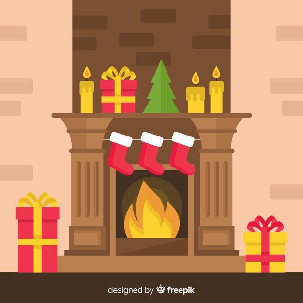 Flat christmas fireplace scene