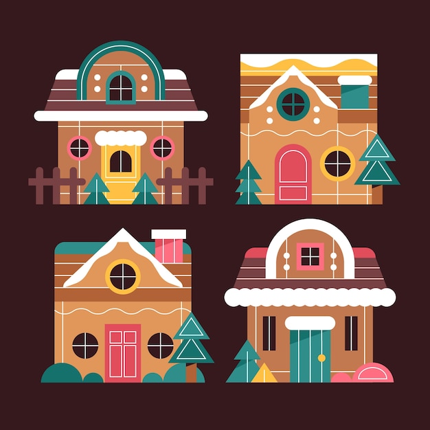 Flat christmas gingerbread houses collection