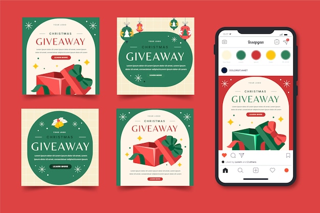 Vettore gratuito collezione di post di instagram regalo di natale piatto