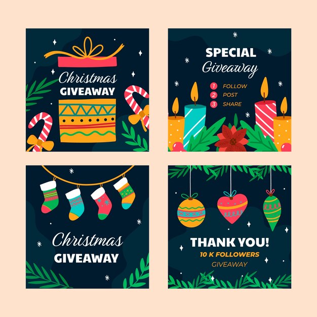 Vettore gratuito collezione di post di instagram regalo di natale piatto