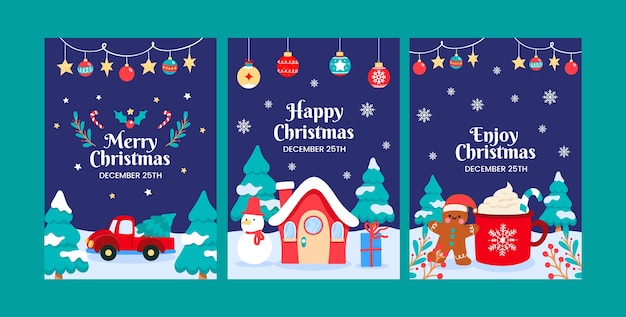 Flat christmas greeting card template with home in winter