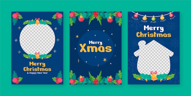 Flat christmas greeting card template with lights